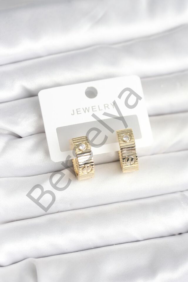 Pirinç Gold Renk Zirkon Taşlı Halka Kadın Küpe