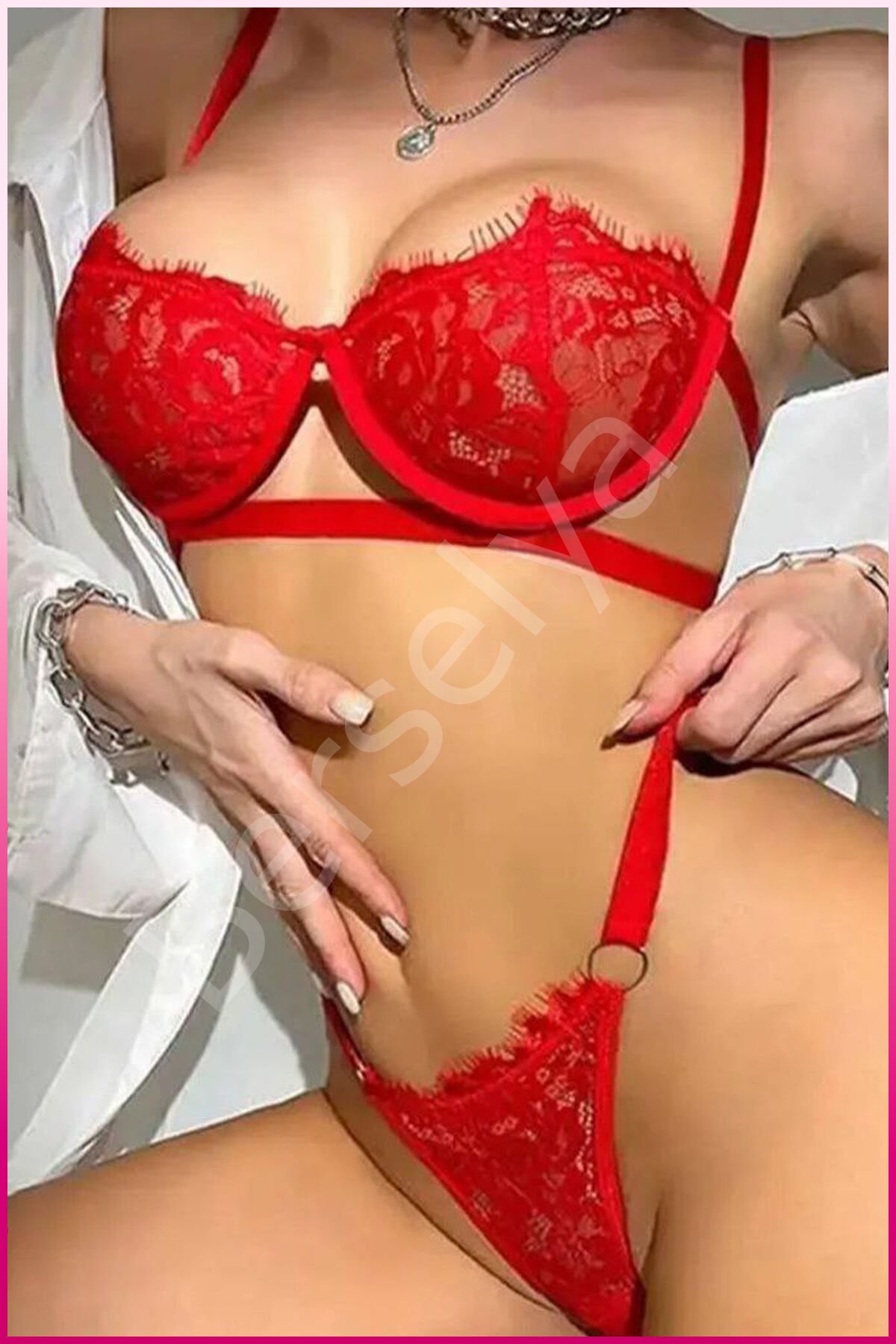 Kadın Kırmızı Dantelli Balenli  Sütyen Külot Takım