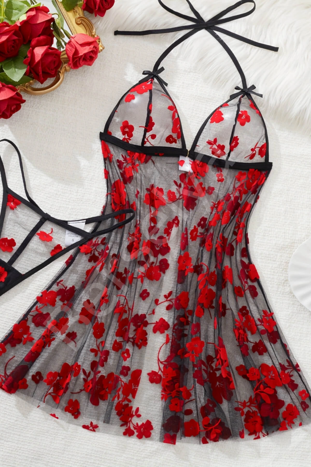 Çiçek Desenli Siyah Transparan Gecelik