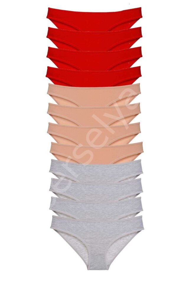 12 Adet Eko Set Likralı Kadın Slip Külot Kırmızı Ten Gri