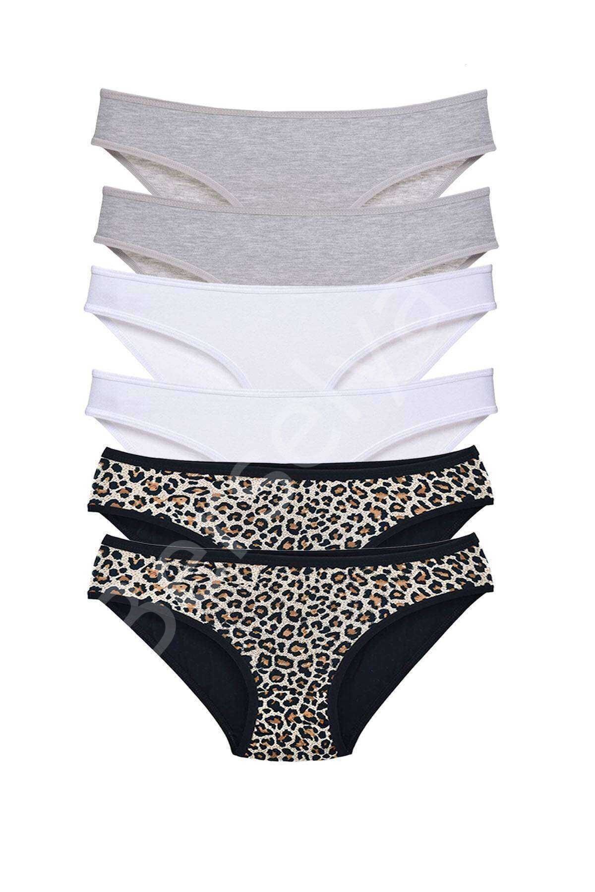 6 Adet Likralı Kadın Slip Külot Leopar Gri Beyaz