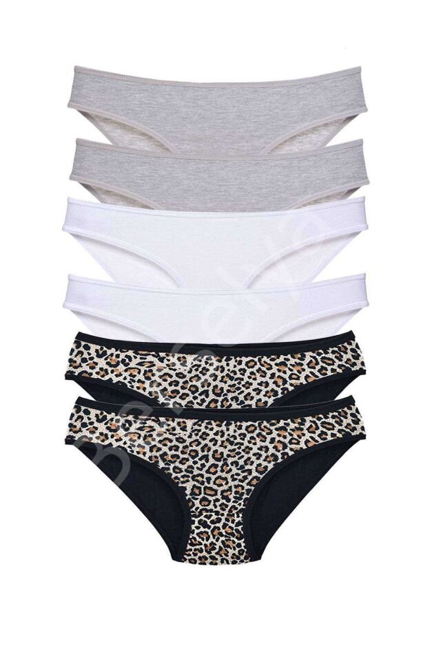 6 Adet Likralı Kadın Slip Külot Leopar Gri Beyaz