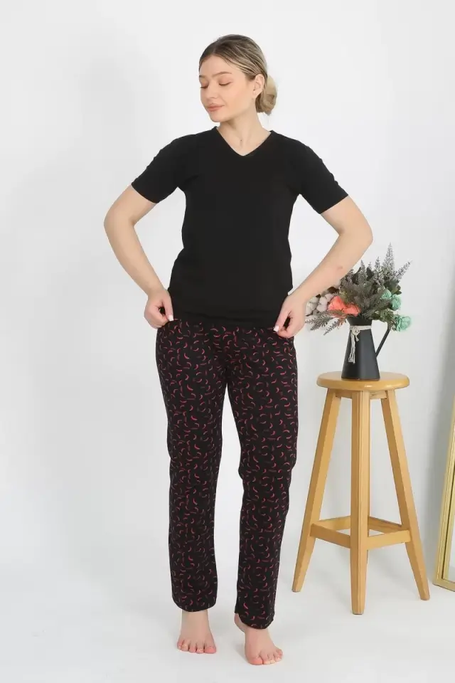 Kadın Kısa Kol Pamuk Penye Pijama Takım Siyah