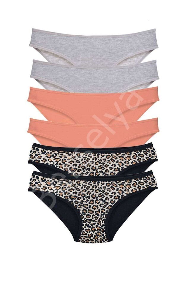 6 Adet Likralı Kadın Slip Külot Leopar Gri Pudra