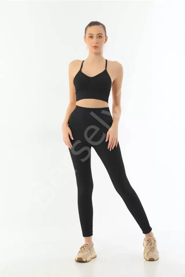 Siyah  3921 Soft Seamless Ripli Tayt Yoga Takımı