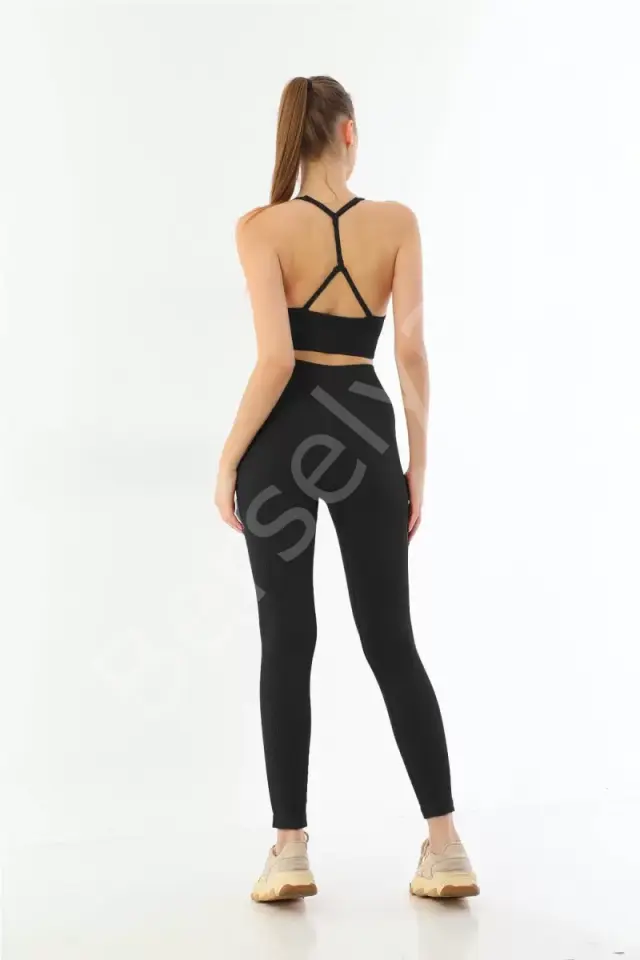 Siyah  3921 Soft Seamless Ripli Tayt Yoga Takımı