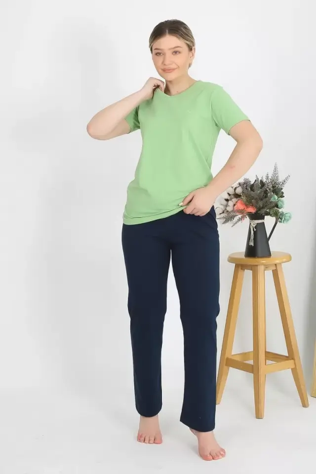 Kadın Kısa Kol Pamuk Penye Pijama Takım Fıstık Yeşili