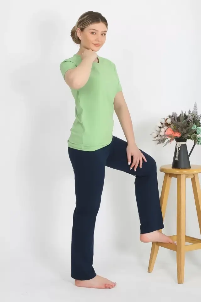 Kadın Kısa Kol Pamuk Penye Pijama Takım Fıstık Yeşili