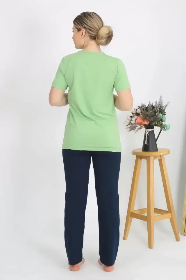 Kadın Kısa Kol Pamuk Penye Pijama Takım Fıstık Yeşili