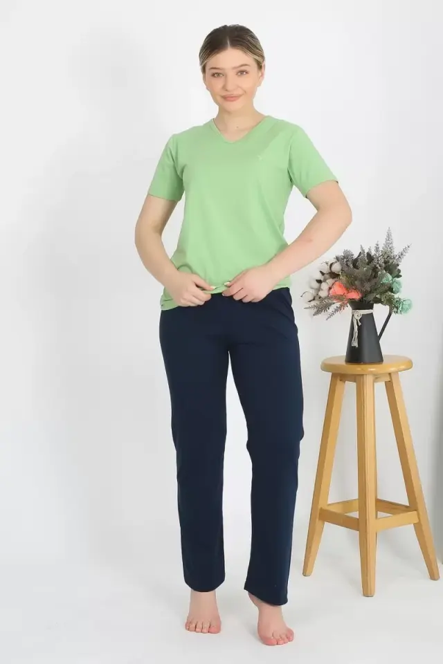 Kadın Kısa Kol Pamuk Penye Pijama Takım Fıstık Yeşili