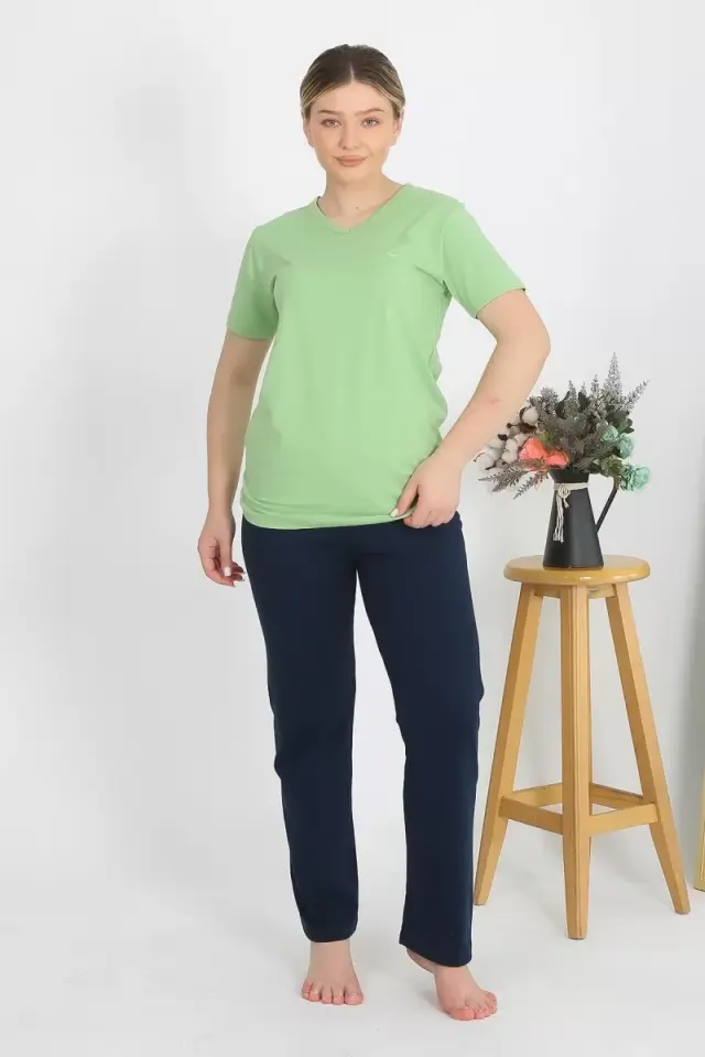 Kadın Kısa Kol Pamuk Penye Pijama Takım Fıstık Yeşili