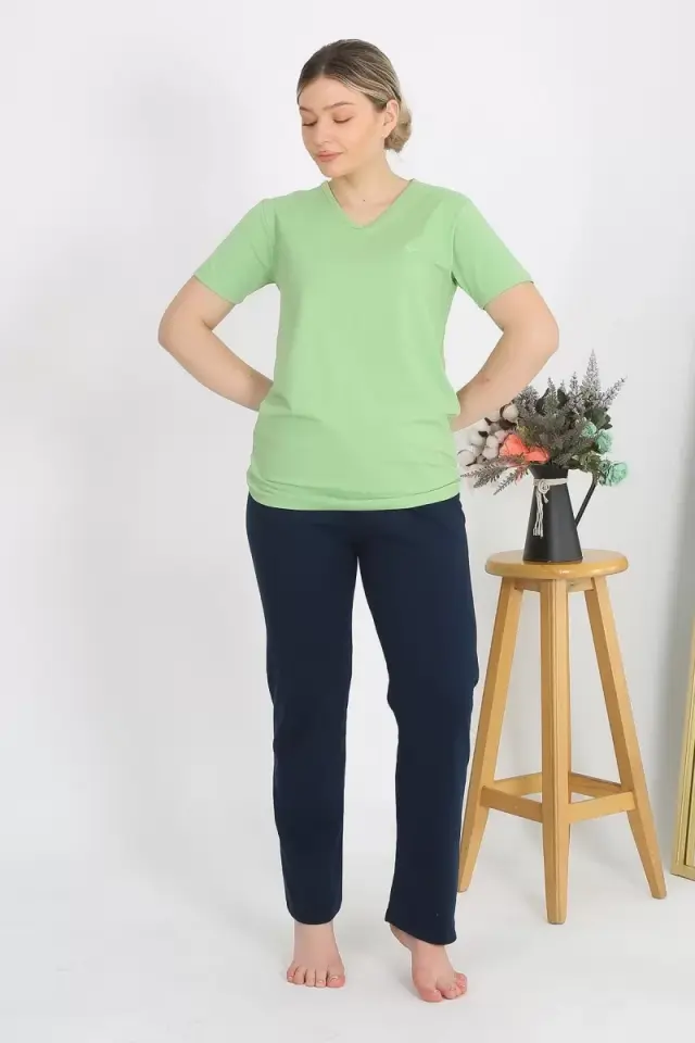 Kadın Kısa Kol Pamuk Penye Pijama Takım Fıstık Yeşili