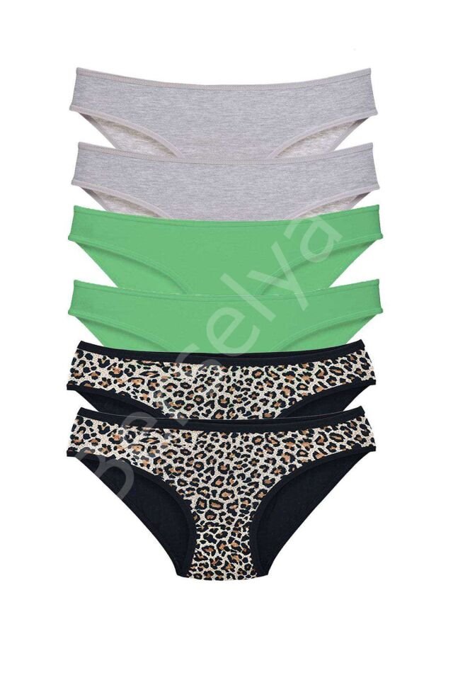 6 Adet Likralı Kadın Slip Külot Leopar Gri Yeşil