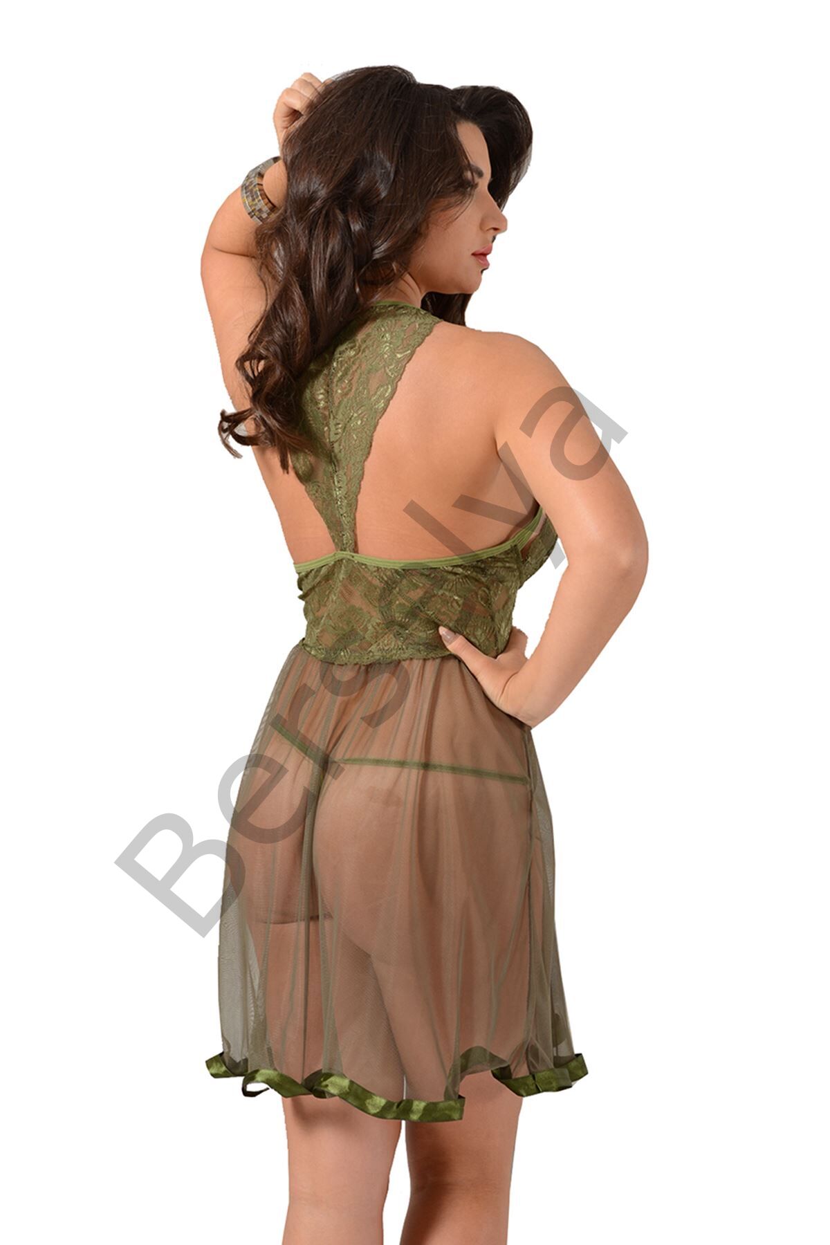 Haki Yeşili Dantel Gecelik - 681