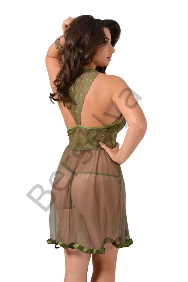 Haki Yeşili Dantel Gecelik - 681