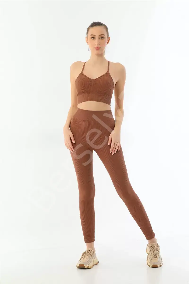 Kahve  3921 Soft Seamless Ripli Tayt Yoga Takımı