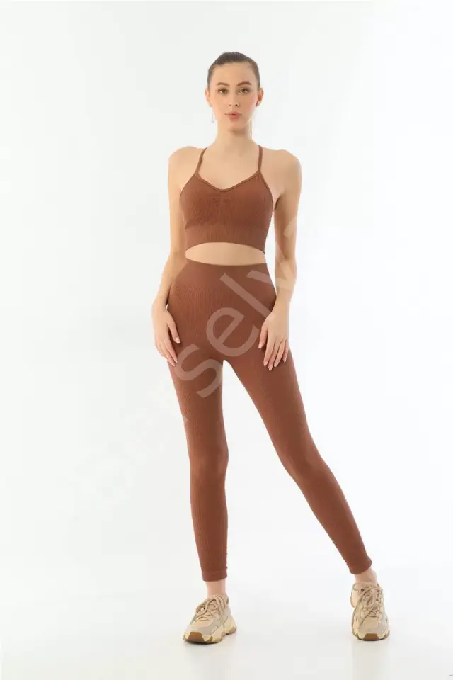 Kahve  3921 Soft Seamless Ripli Tayt Yoga Takımı