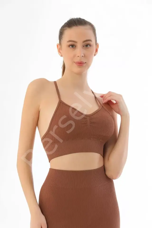 Kahve  3921 Soft Seamless Ripli Tayt Yoga Takımı