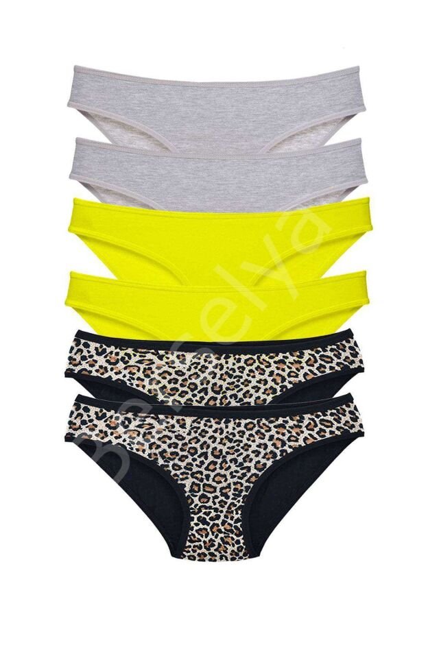 6 Adet Likralı Kadın Slip Külot Leopar Gri Sarı
