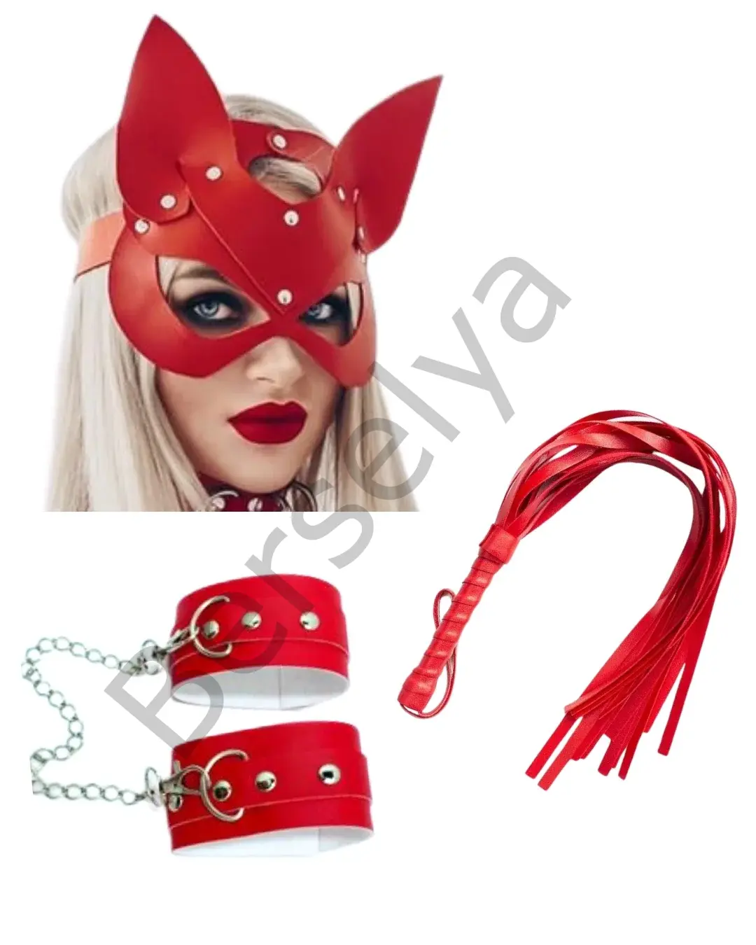 Fantezi Deri Seksi Kırmızı Kedi Maske Kelepçe Kırbaç Seti ( 3'lü Set)