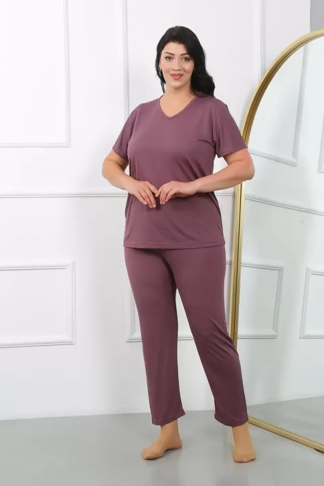 Kadın Büyük Beden Kısa Kol Penye Pijama Takımı Mürdüm