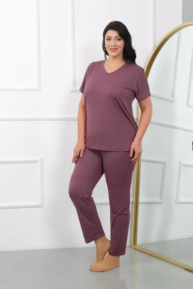 Kadın Büyük Beden Kısa Kol Penye Pijama Takımı Mürdüm