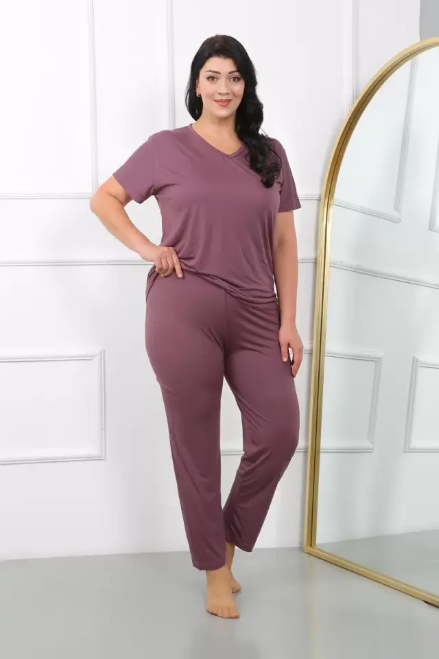 Kadın Büyük Beden Kısa Kol Penye Pijama Takımı Mürdüm