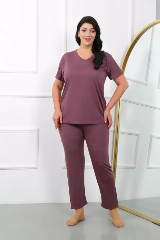 Kadın Büyük Beden Kısa Kol Penye Pijama Takımı Mürdüm