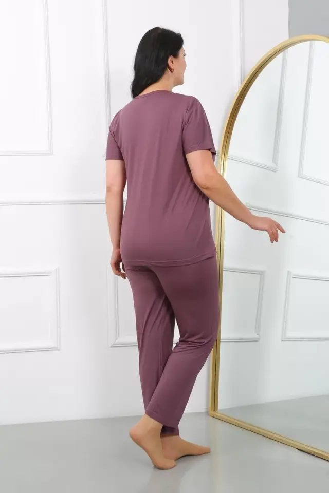 Kadın Büyük Beden Kısa Kol Penye Pijama Takımı Mürdüm
