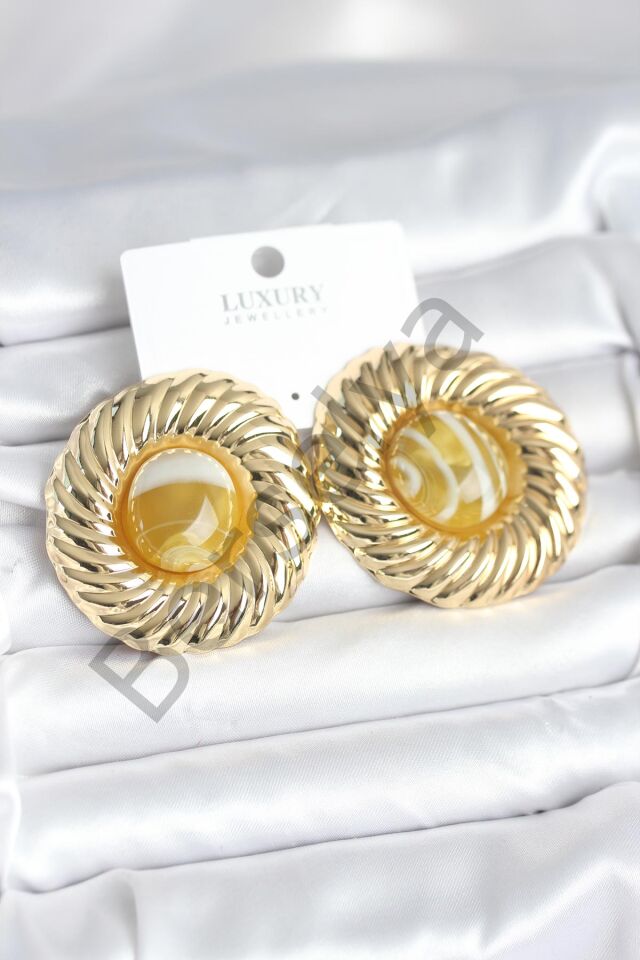 Pirinç Gold Renk Kehribar Boncuklu Vintage Kadın Küpe