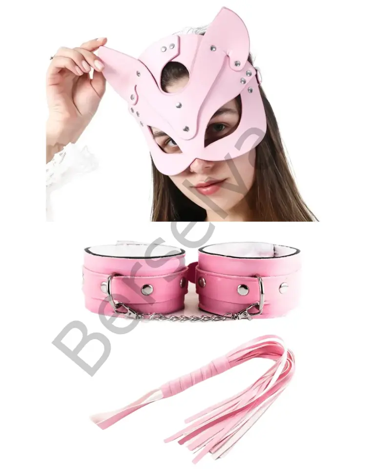 Fantezi Deri Seksi Pembe Kedi Maske Kelepçe Kırbaç Seti ( 3'lü Set)