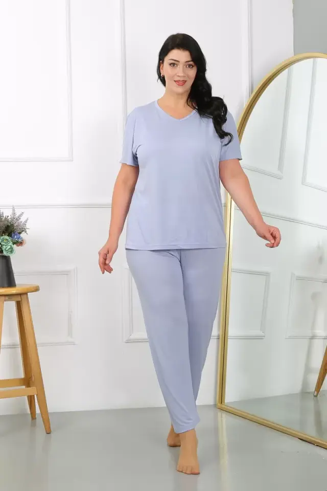 Kadın Büyük Beden Kısa Kol Penye Pijama Takımı Lila