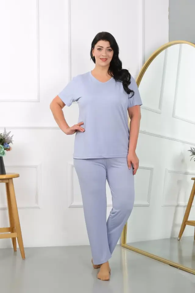 Kadın Büyük Beden Kısa Kol Penye Pijama Takımı Lila