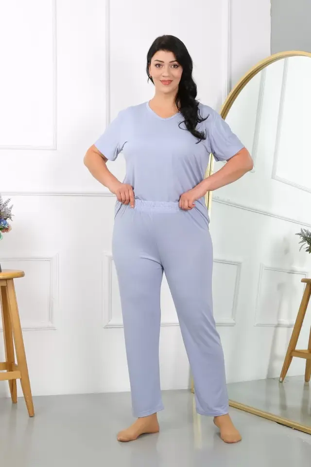 Kadın Büyük Beden Kısa Kol Penye Pijama Takımı Lila