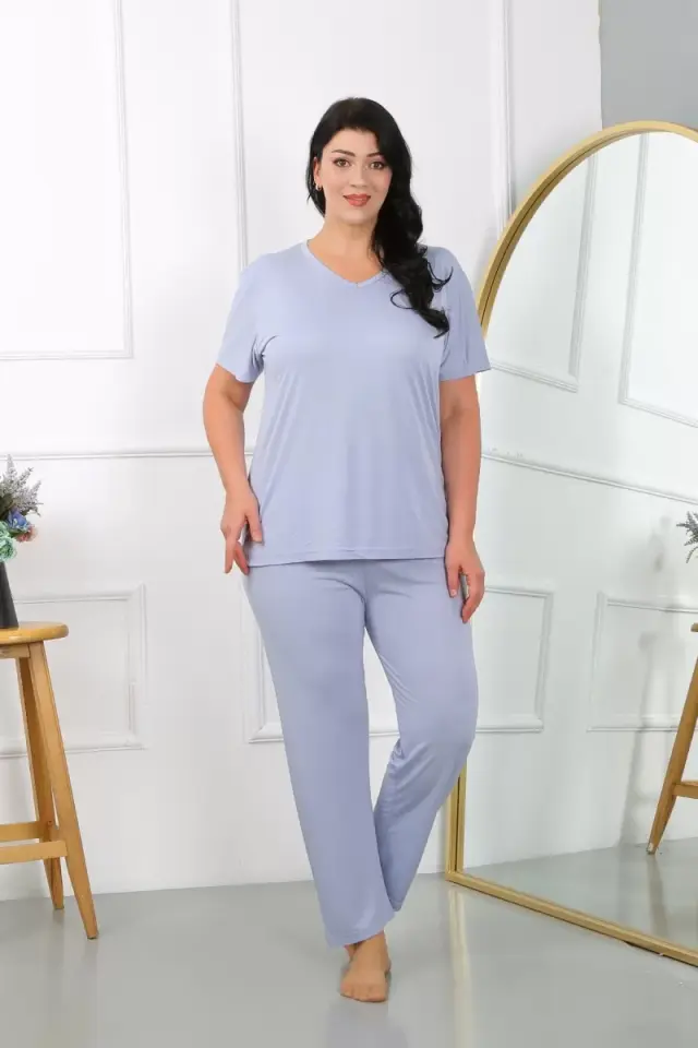 Kadın Büyük Beden Kısa Kol Penye Pijama Takımı Lila