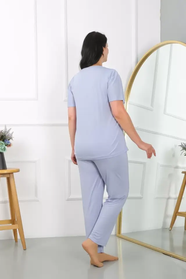 Kadın Büyük Beden Kısa Kol Penye Pijama Takımı Lila