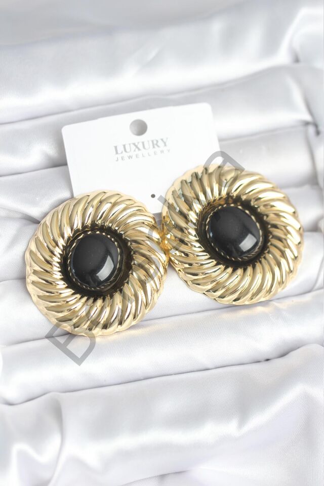 Pirinç Gold Renk Siyah Boncuklu Vintage Kadın Küpe