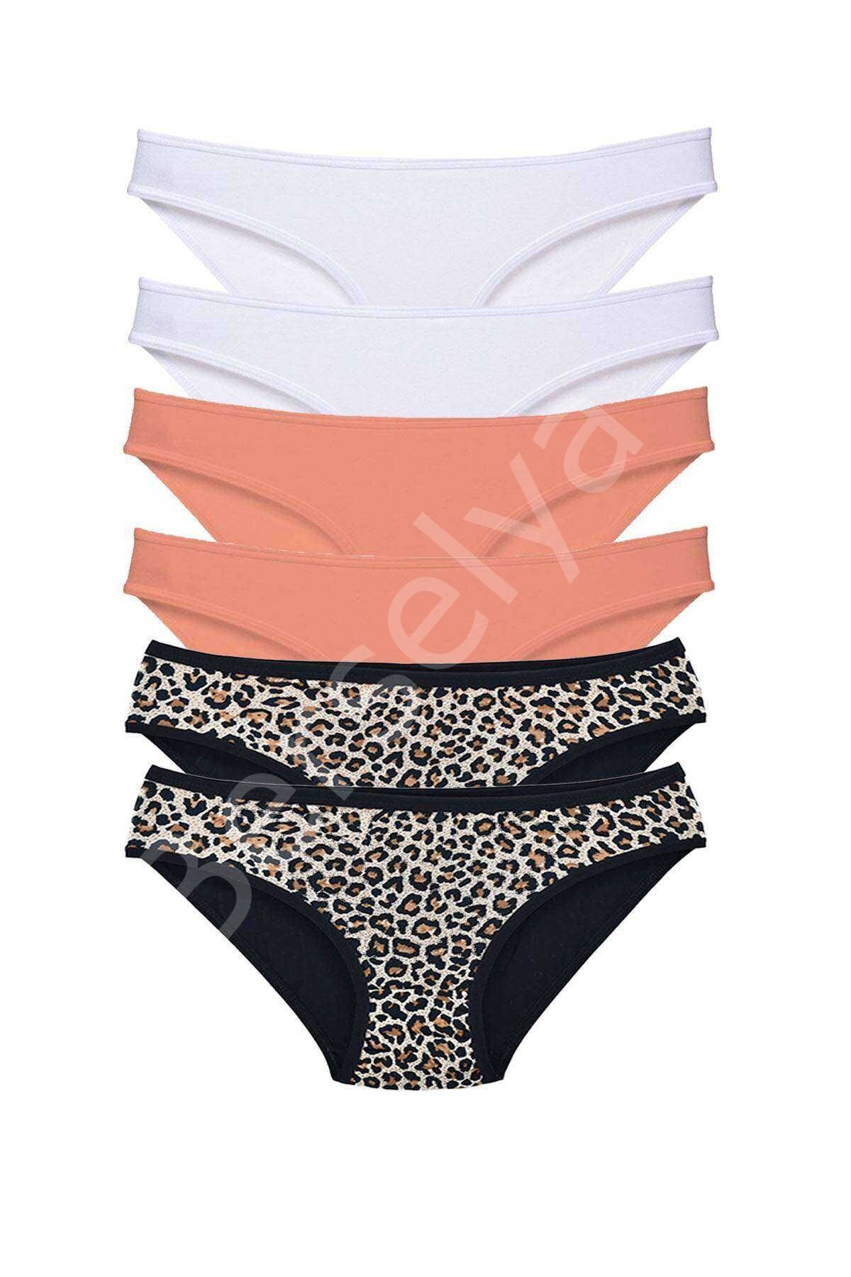 6 Adet Likralı Kadın Slip Külot Leopar Beyaz Pudra