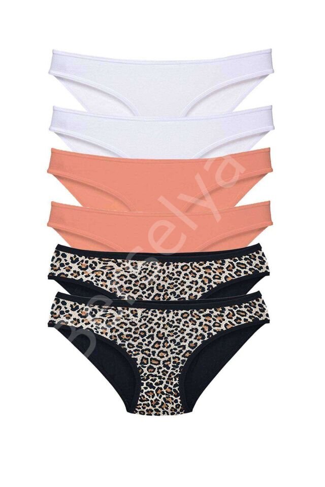 6 Adet Likralı Kadın Slip Külot Leopar Beyaz Pudra