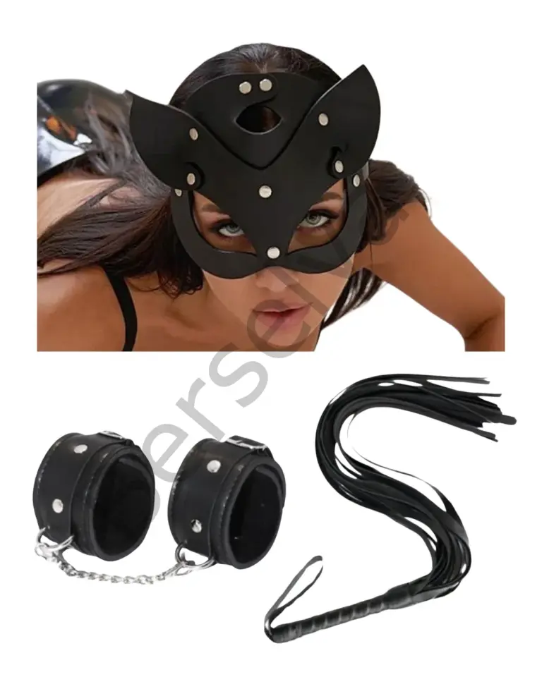 Fantezi Deri Seksi Siyah Kedi Maske Kelepçe Kırbaç Seti ( 3'lü Set)