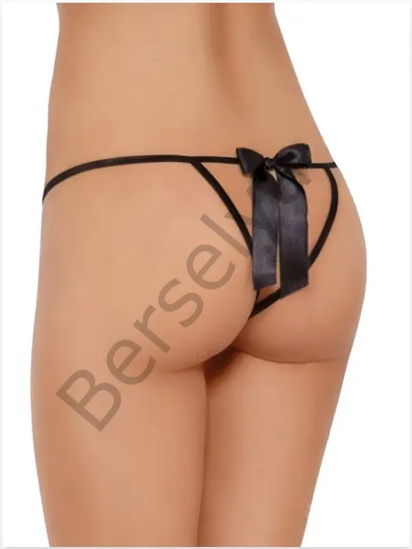 Fantezi Arkası Açık Fiyonklu Siyah Dantel String - Tanga