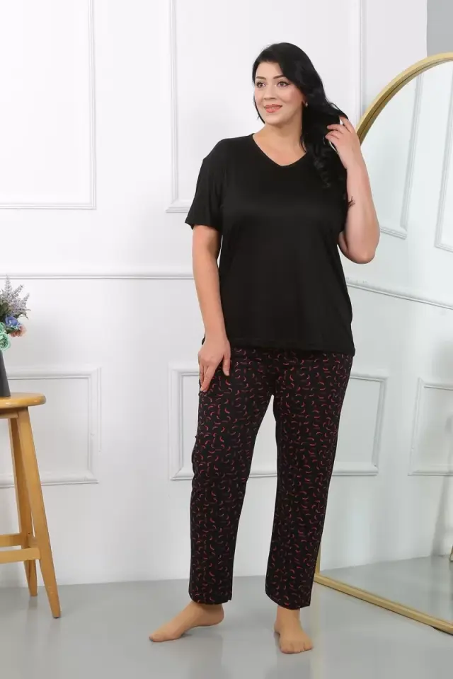 Kadın Büyük Beden Kısa Kol Penye Pijama Takımı Siyah