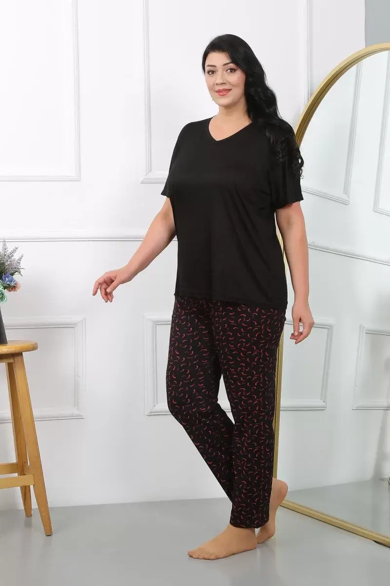 Kadın Büyük Beden Kısa Kol Penye Pijama Takımı Siyah