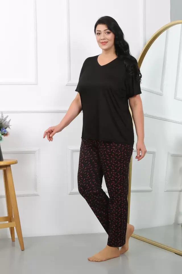 Kadın Büyük Beden Kısa Kol Penye Pijama Takımı Siyah