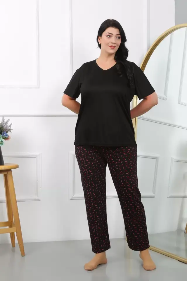 Kadın Büyük Beden Kısa Kol Penye Pijama Takımı Siyah