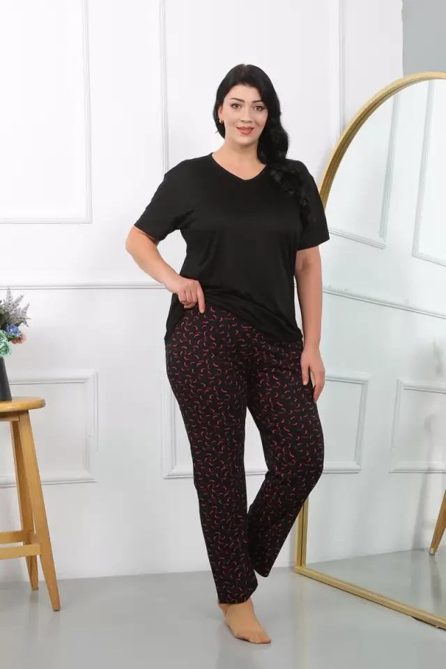 Kadın Büyük Beden Kısa Kol Penye Pijama Takımı Siyah