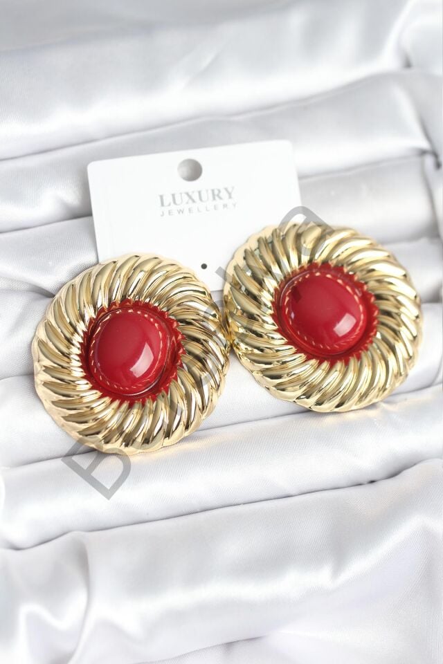 Pirinç Gold Renk Bordo Boncuklu Vintage Kadın Küpe