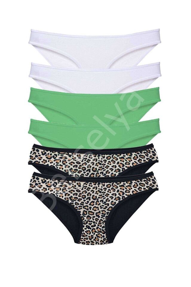 6 Adet Likralı Kadın Slip Külot Leopar Beyaz Yeşil