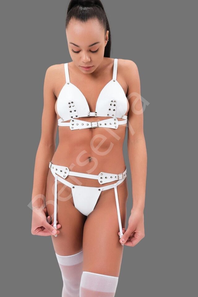 Beyaz Deri Fantezi Sexi Jartiyerli Takım 800416