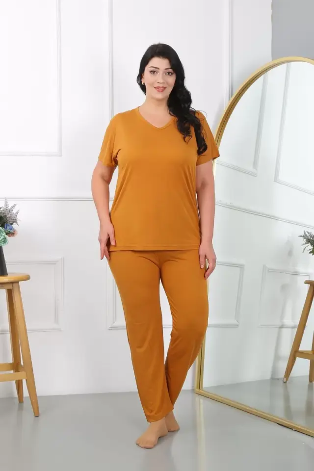 Kadın Büyük Beden Kısa Kol Penye Pijama Takımı Hardal